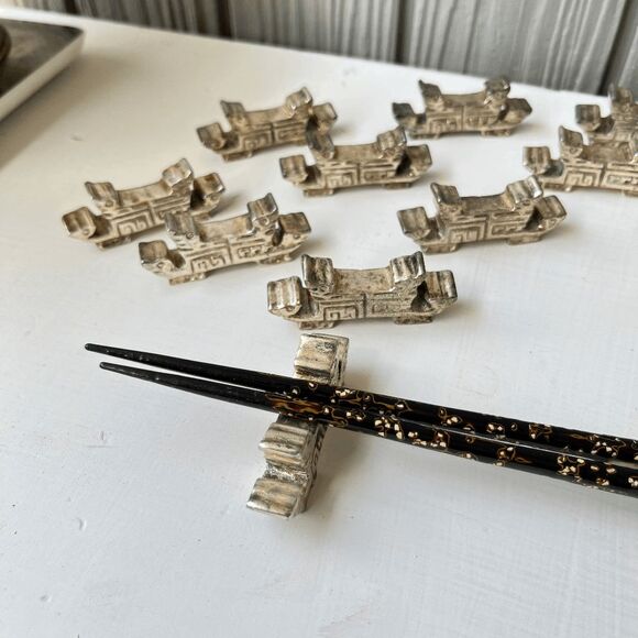VTG 70s Solid Pewter Chopstick Rests Set of 12 – Heavy, Geometric Design - Picture 8 of 11
